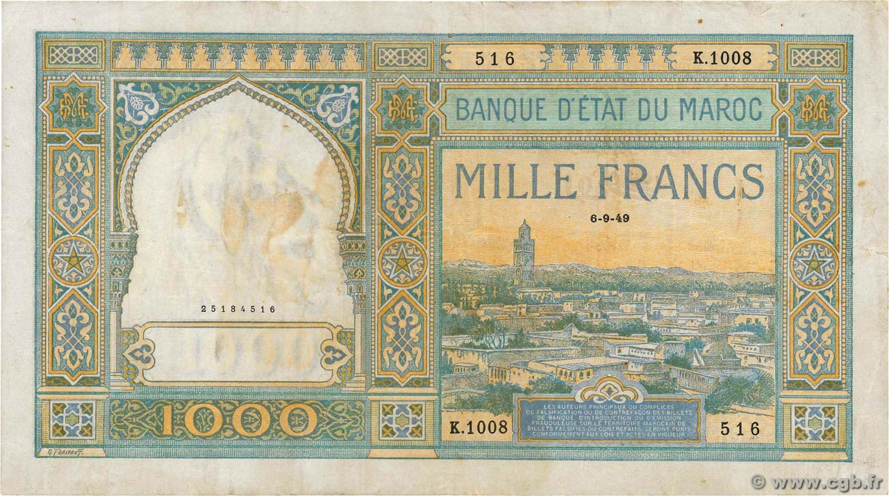1000 Francs MARUECOS  1949 P.16c MBC