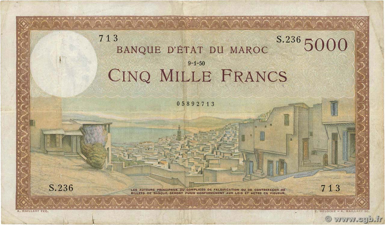 5000 Francs MOROCCO  1950 P.23c F
