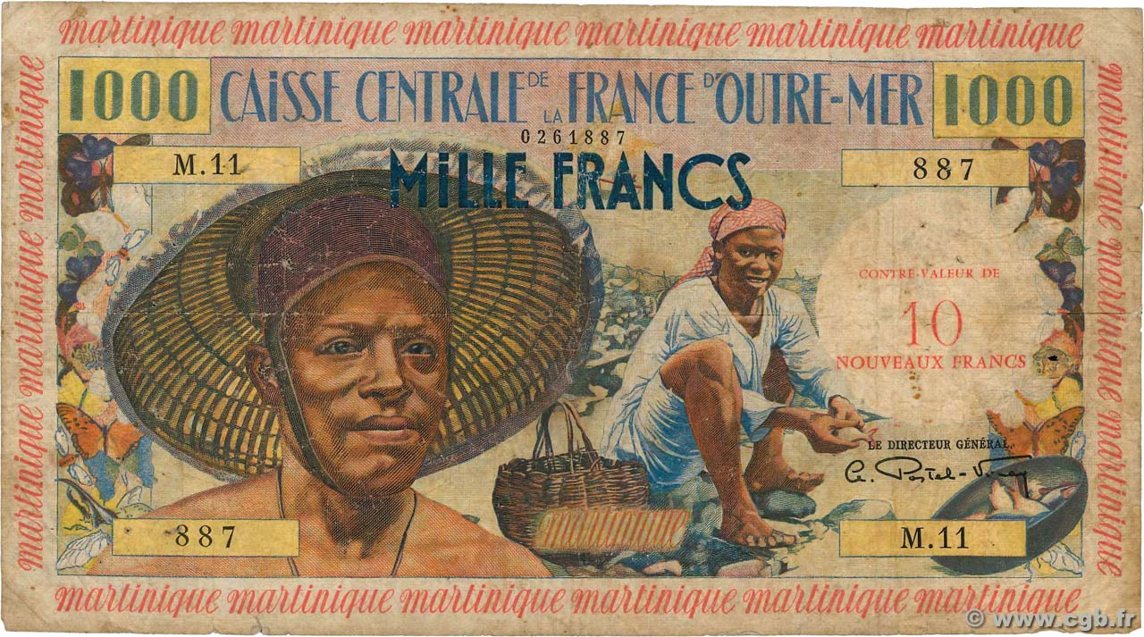 10 NF sur 1000 Francs pêcheur MARTINIQUE  1960 P.39 q.MB