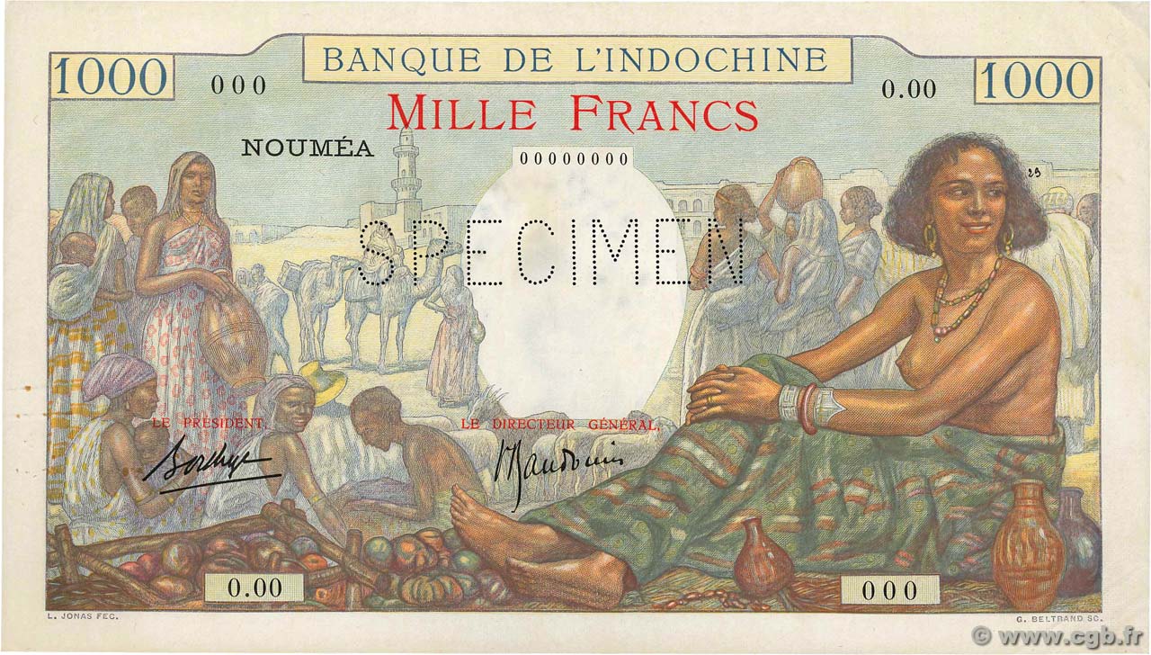 1000 Francs Spécimen NOUVELLE CALÉDONIE  1938 P.43as EBC+