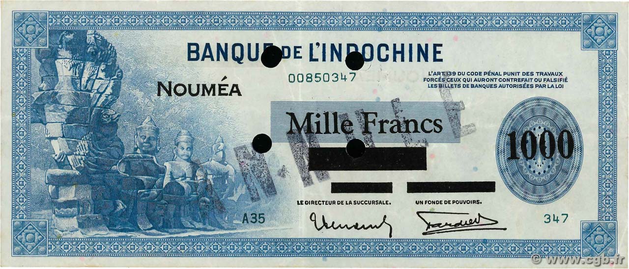 1000 Francs Annulé NEW CALEDONIA  1943 P.45s VF