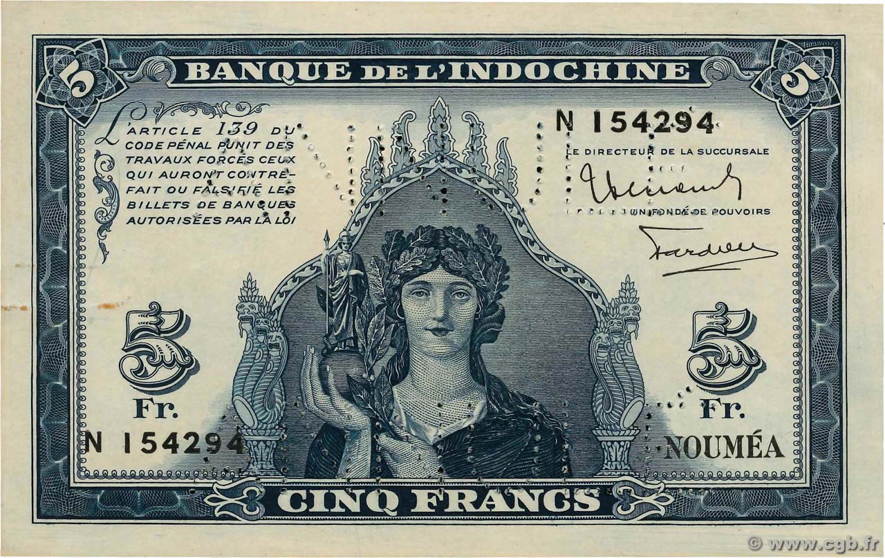 5 Francs Annulé NEW CALEDONIA  1944 P.48s AU