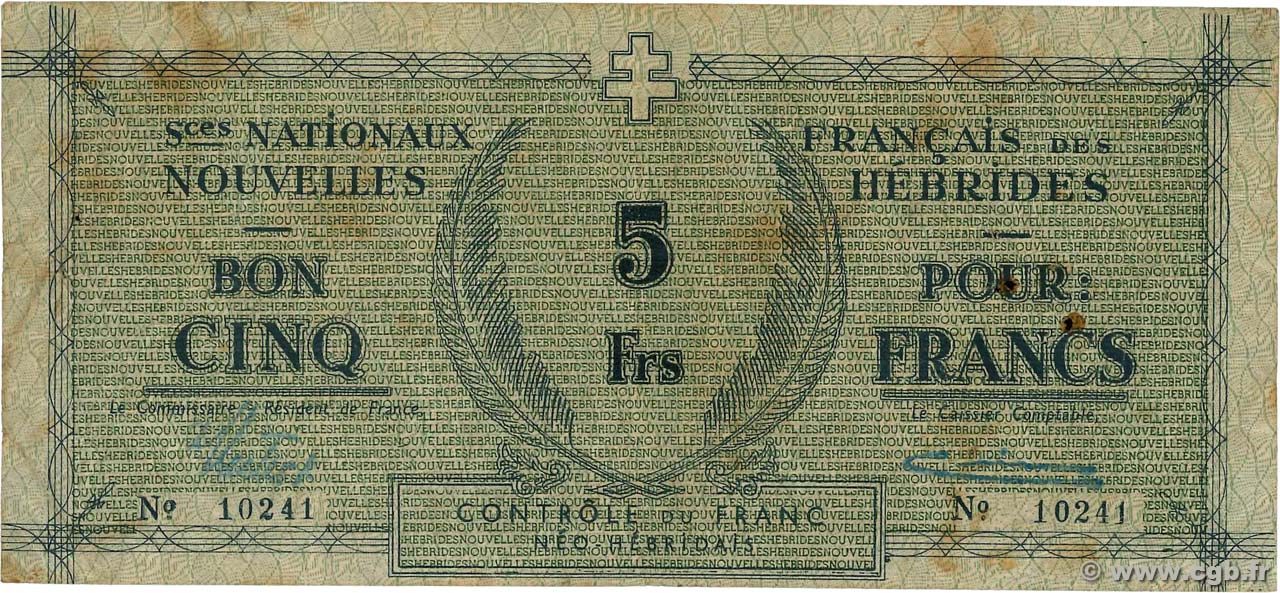 5 Francs NUEVAS HÉBRIDAS  1943 P.01 BC