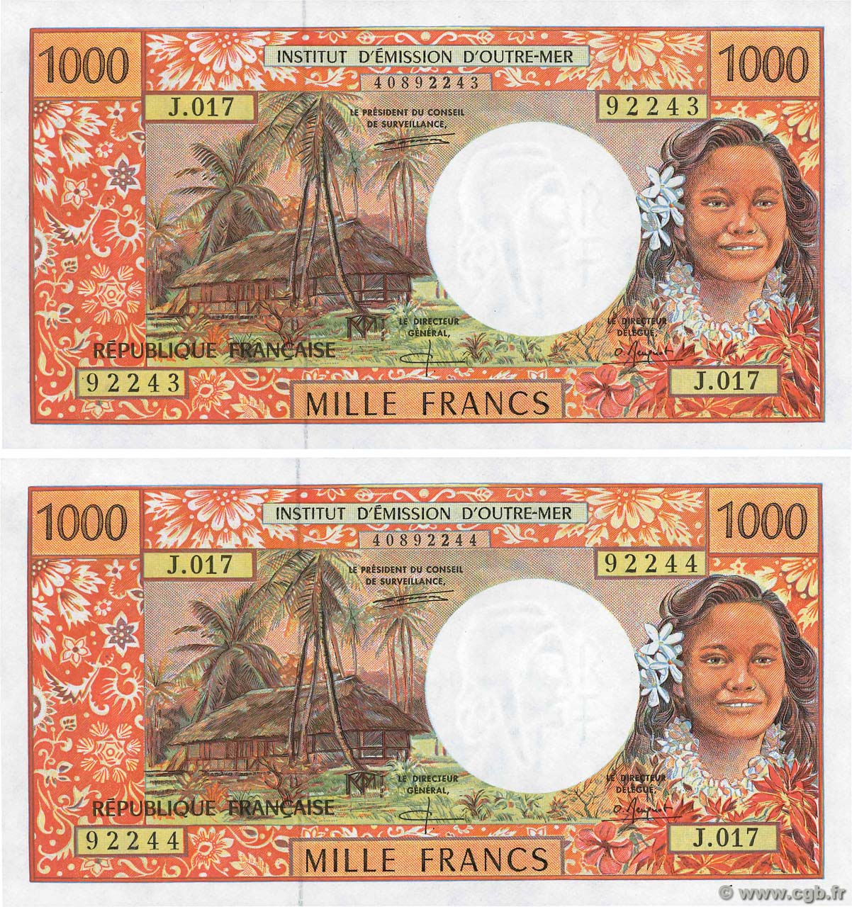 1000 Francs Consécutifs POLYNESIA, FRENCH OVERSEAS TERRITORIES  1995 P.02b UNC-