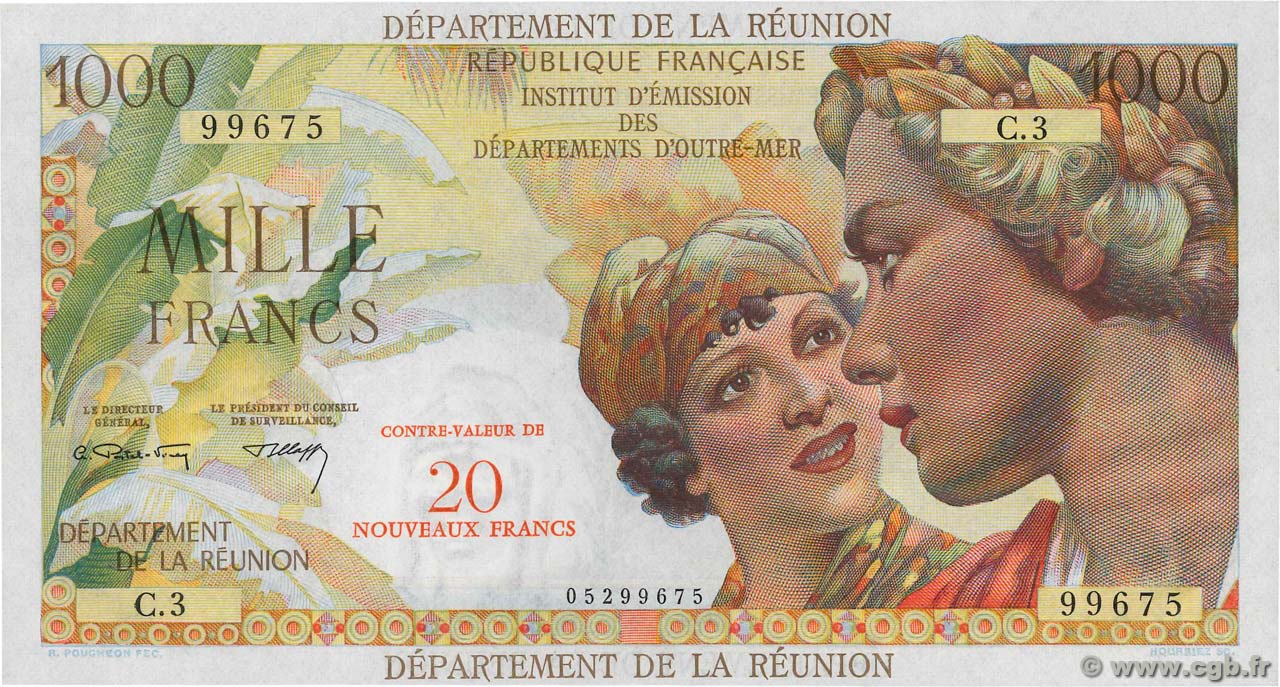20 NF sur 1000 Francs Union Française REUNION  1971 P.55b UNC
