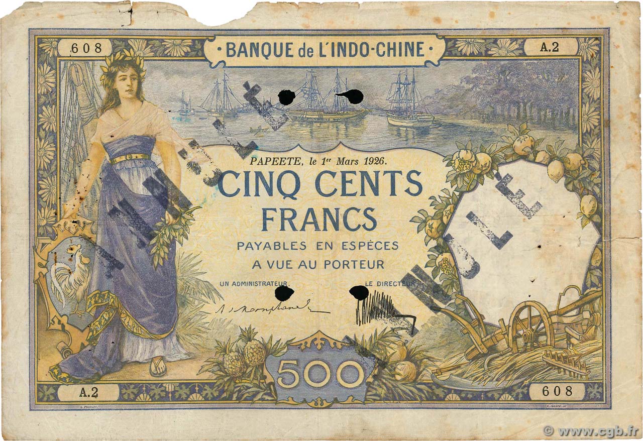 500 Francs Annulé TAHITI  1926 P.13as G