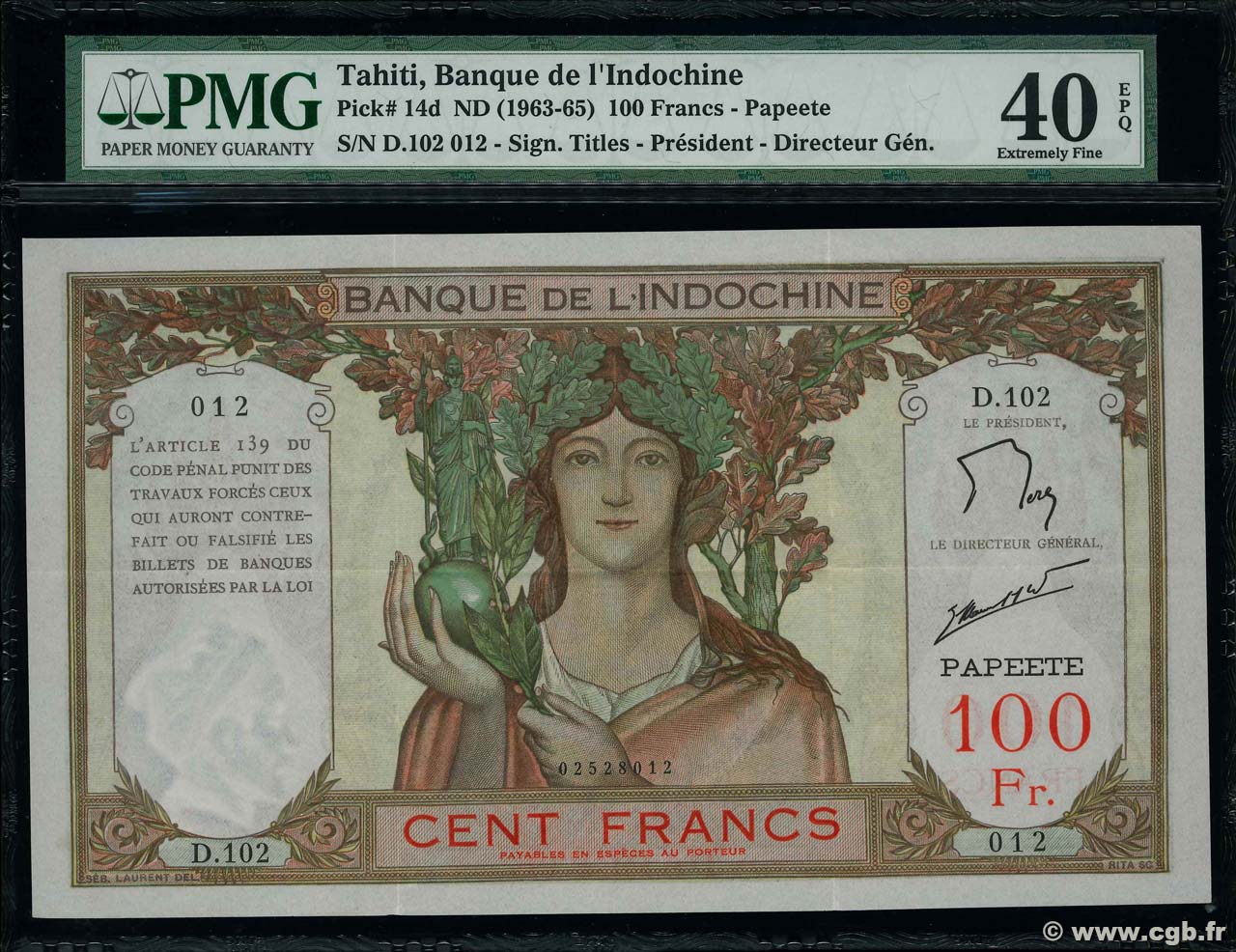 100 Francs TAHITI  1961 P.14d XF-