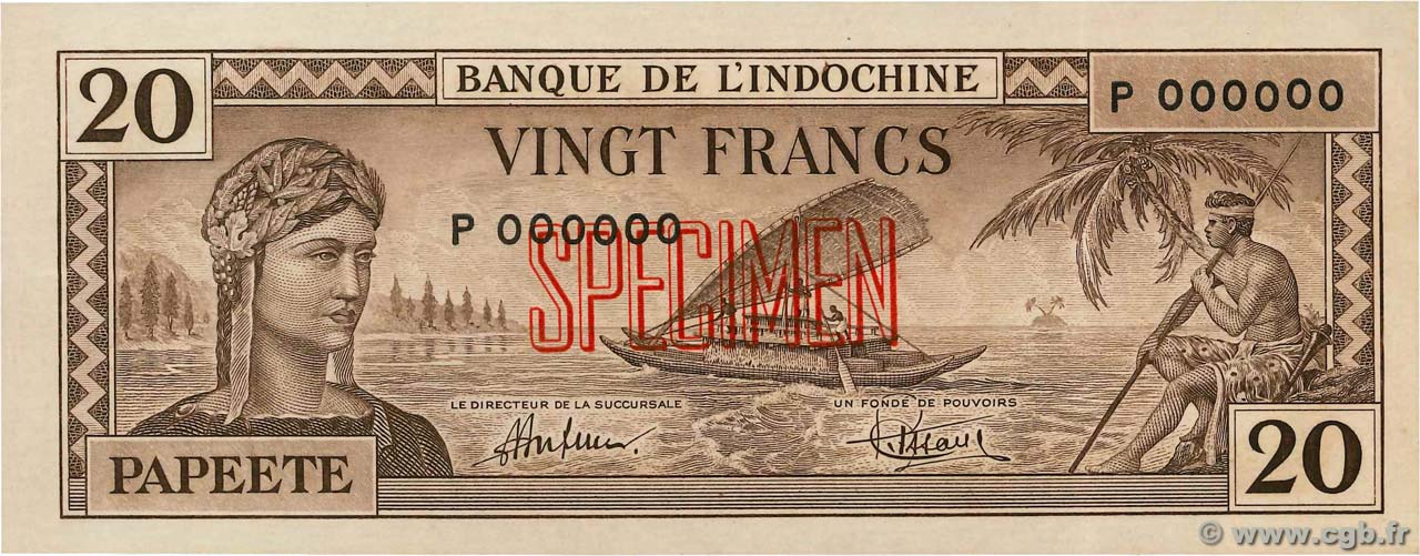20 Francs Spécimen TAHITI  1944 P.20s q.AU