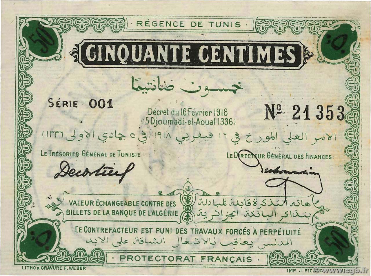 50 Centimes TUNISIA  1918 P.32b XF-