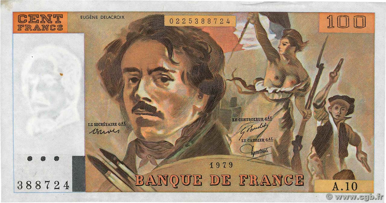 100 Francs DELACROIX modifié FRANCE  1979 F.69.02b pr.SUP