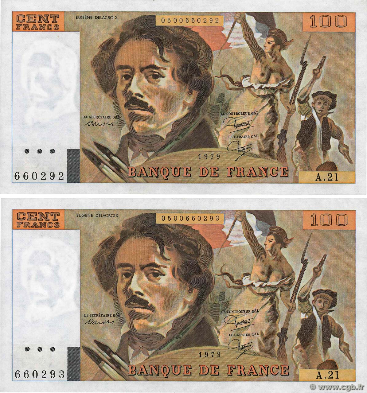 100 Francs DELACROIX modifié Consécutifs FRANCE  1979 F.69.03 UNC-