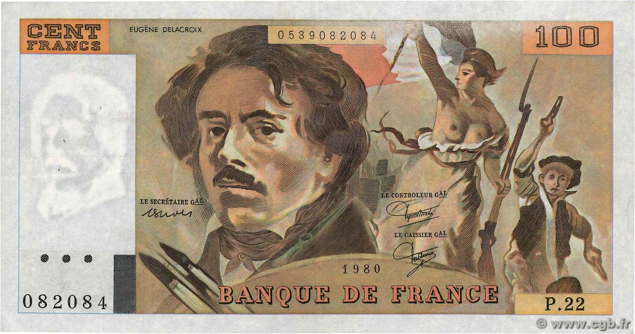 100 Francs DELACROIX modifié Fauté FRANCE  1980 F.69.04a TTB+