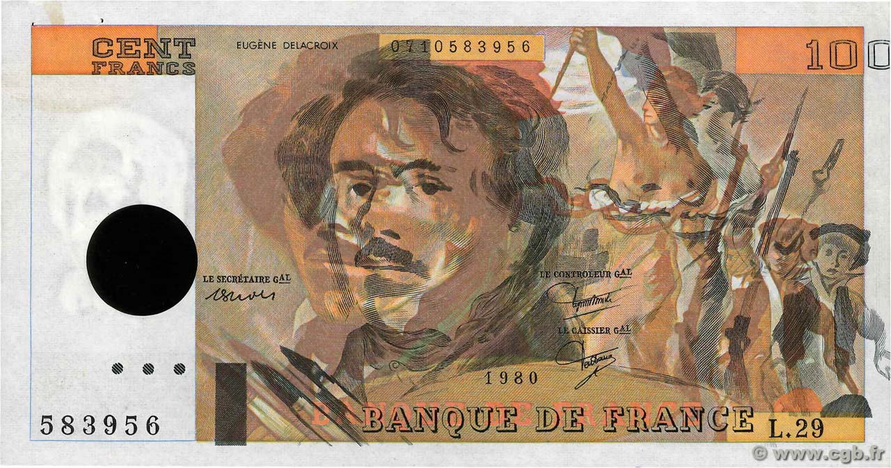 100 Francs DELACROIX modifié Fauté FRANCIA  1980 F.69.04a SPL