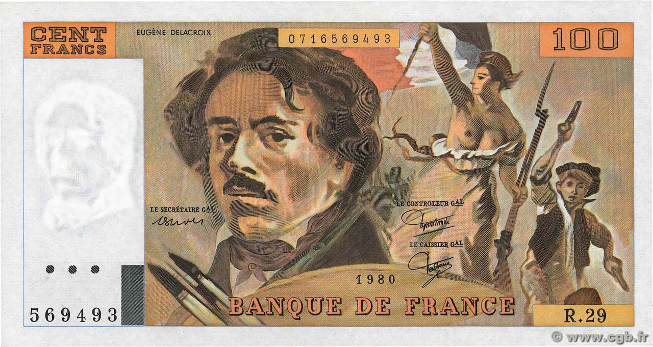 100 Francs DELACROIX modifié FRANCE  1980 F.69.04a SPL+
