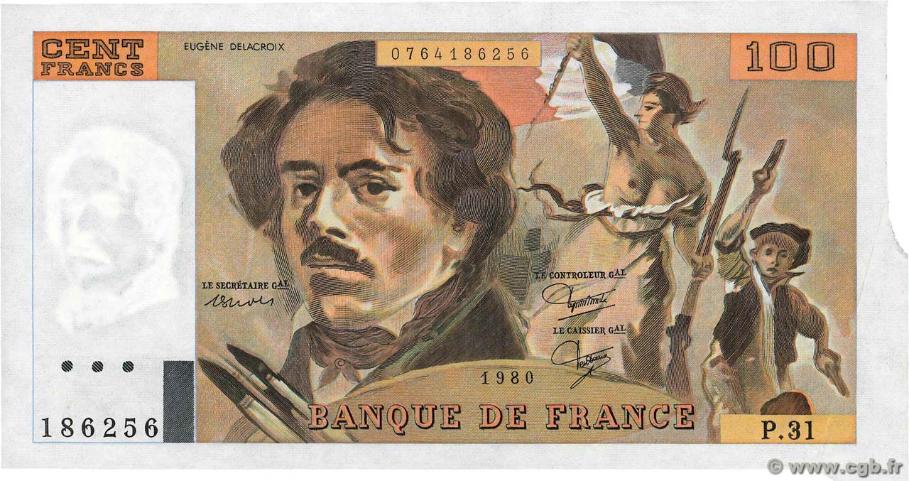 100 Francs DELACROIX modifié Fauté FRANCE  1980 F.69.04a UNC