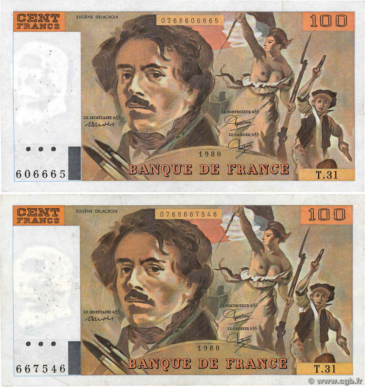 100 Francs DELACROIX modifié Lot FRANCIA  1980 F.69.04a BC+