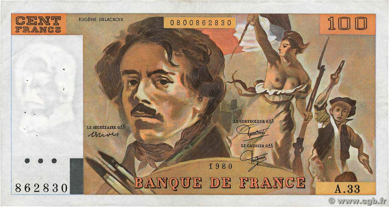 100 Francs DELACROIX modifié FRANCE  1980 F.69.04a TTB+