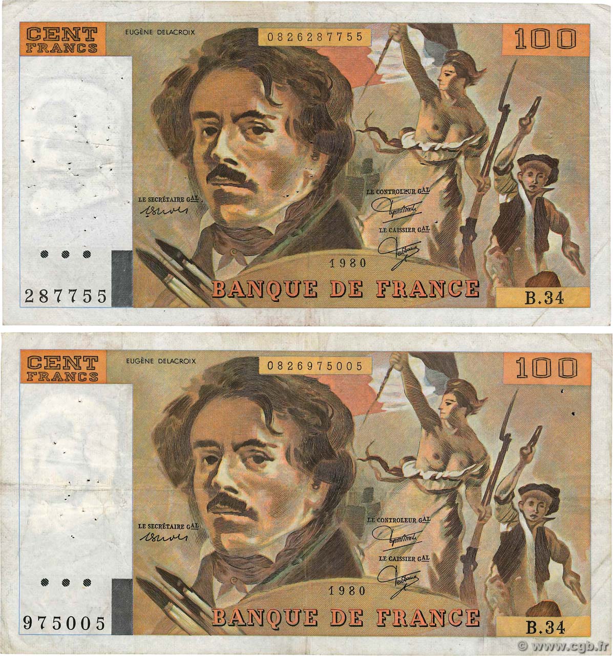100 Francs DELACROIX modifié Lot FRANCIA  1980 F.69.04b BC