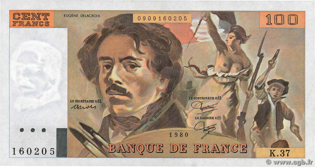 100 Francs DELACROIX modifié FRANKREICH  1980 F.69.04b fST+
