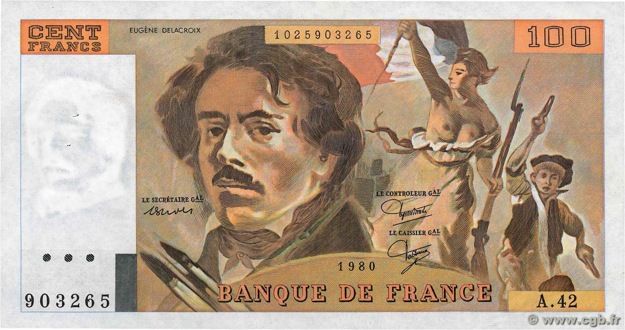 100 Francs DELACROIX modifié FRANCIA  1980 F.69.04b EBC+
