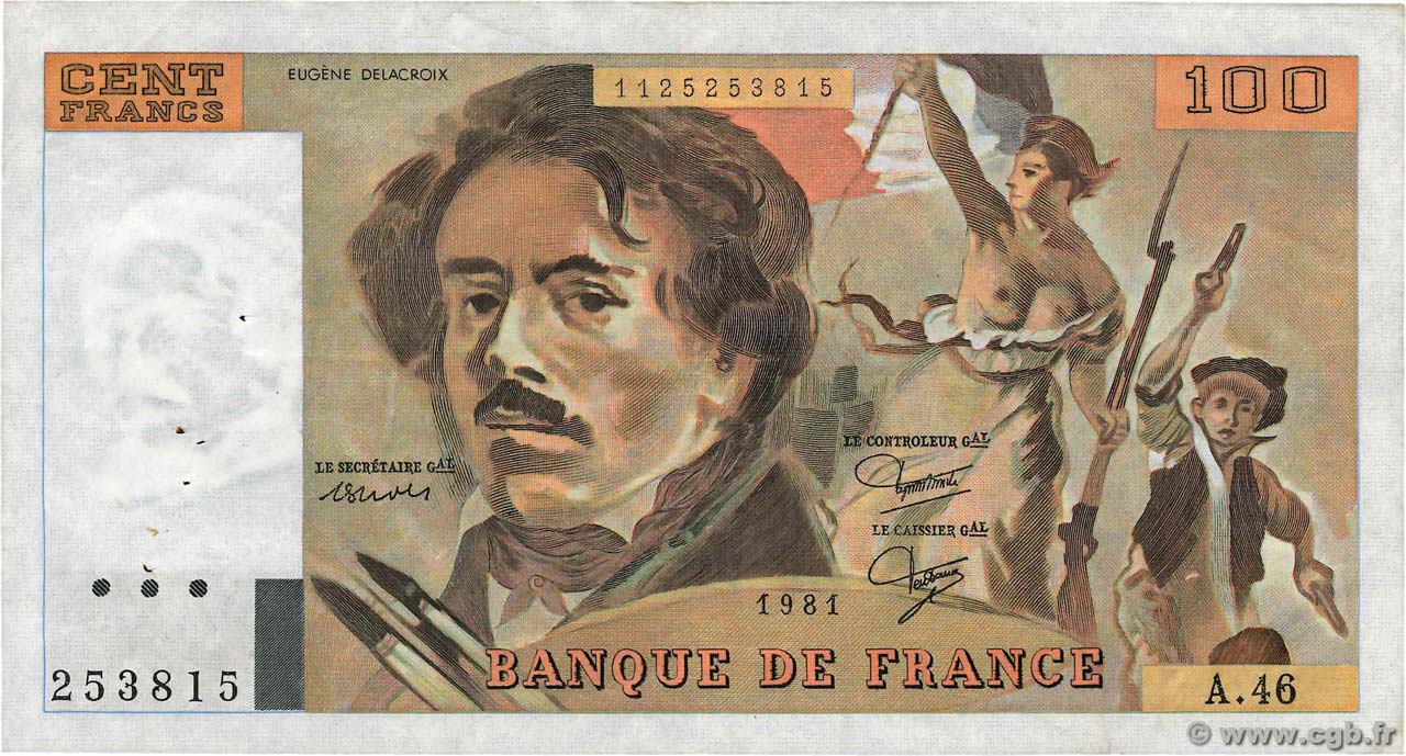100 Francs DELACROIX modifié FRANCE  1981 F.69.05 VF+