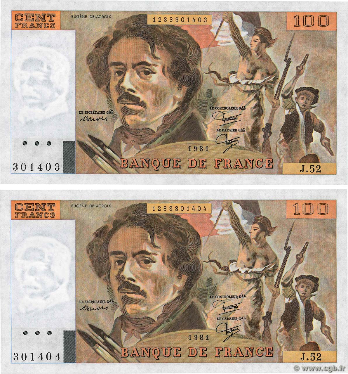 100 Francs DELACROIX modifié Consécutifs FRANCIA  1981 F.69.05 FDC