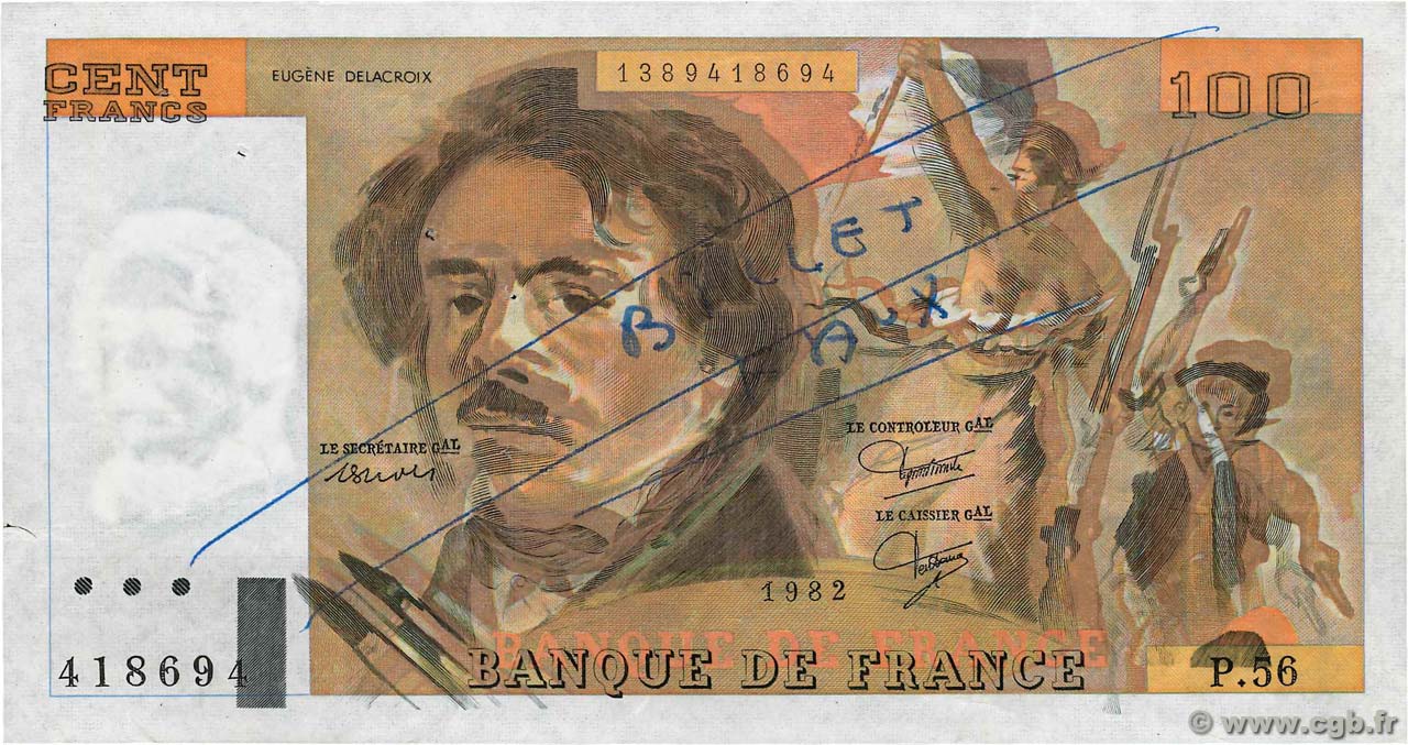 100 Francs DELACROIX modifié Fauté FRANCE  1982 F.69.06 SUP