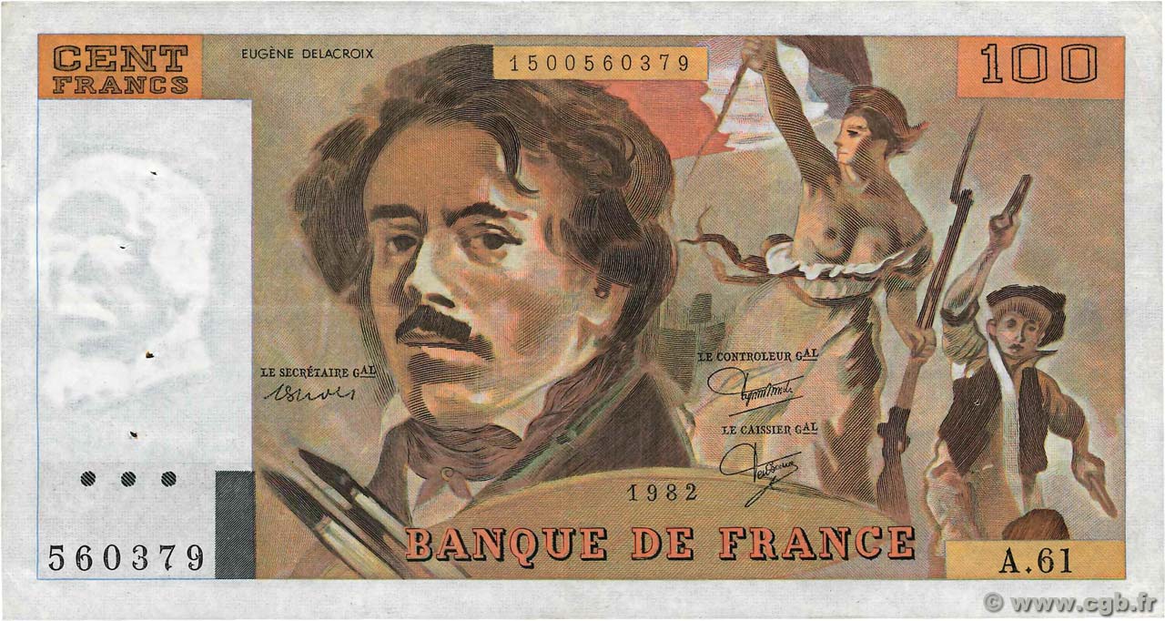100 Francs DELACROIX modifié FRANCE  1982 F.69.06 TTB+