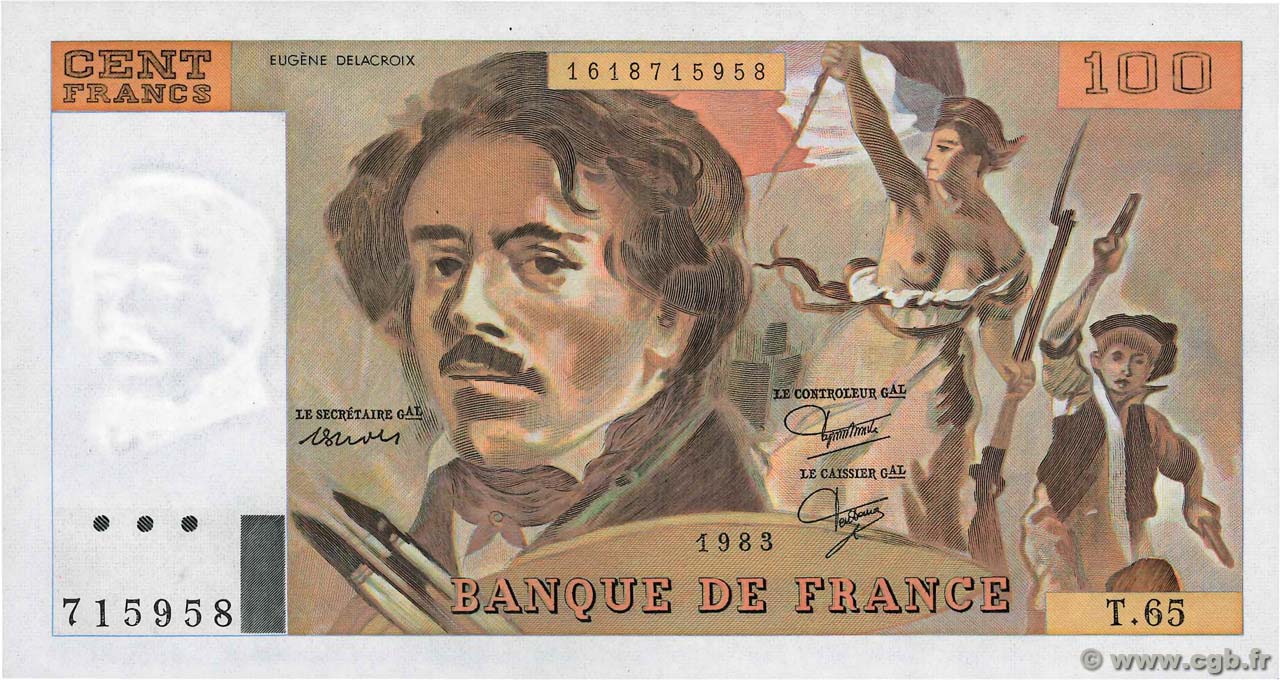 100 Francs DELACROIX modifié FRANKREICH  1983 F.69.07 fST+