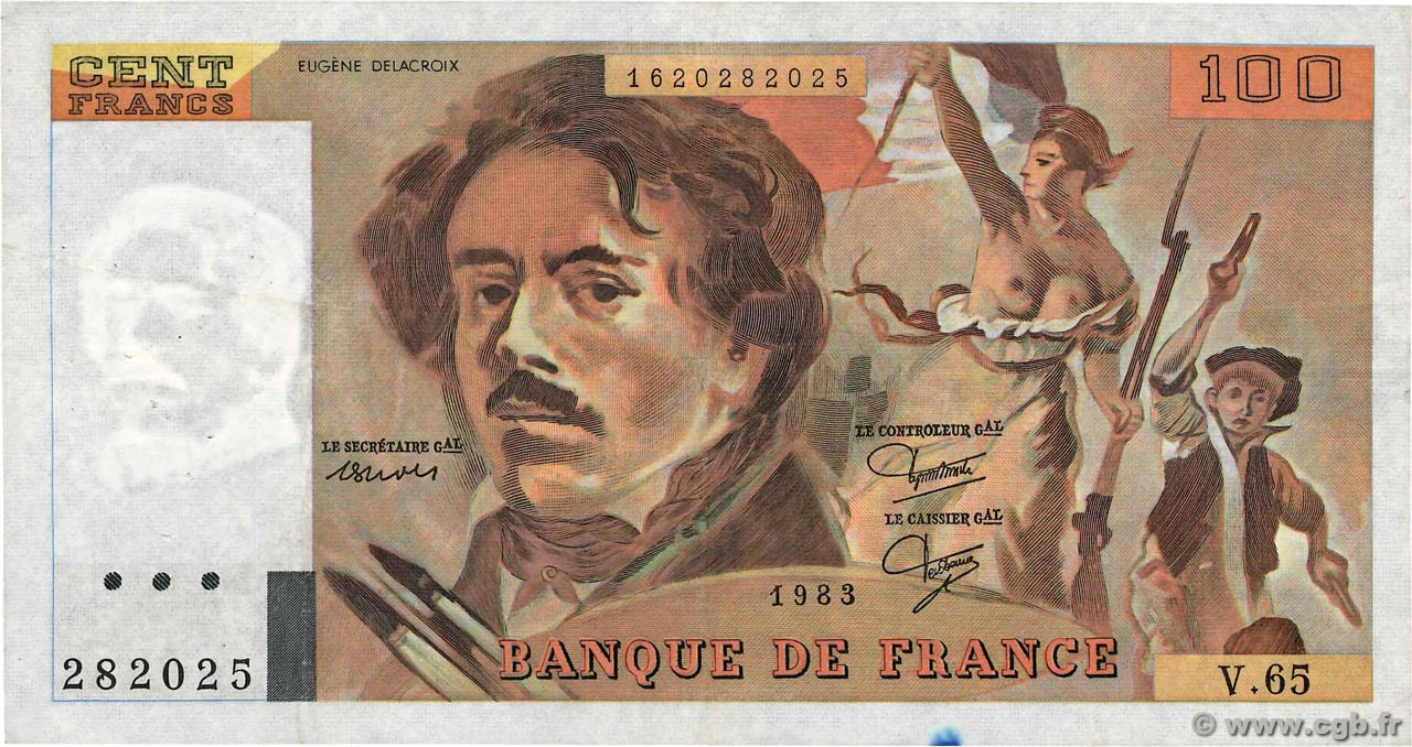 100 Francs DELACROIX modifié Fauté FRANCIA  1983 F.69.07 BC+