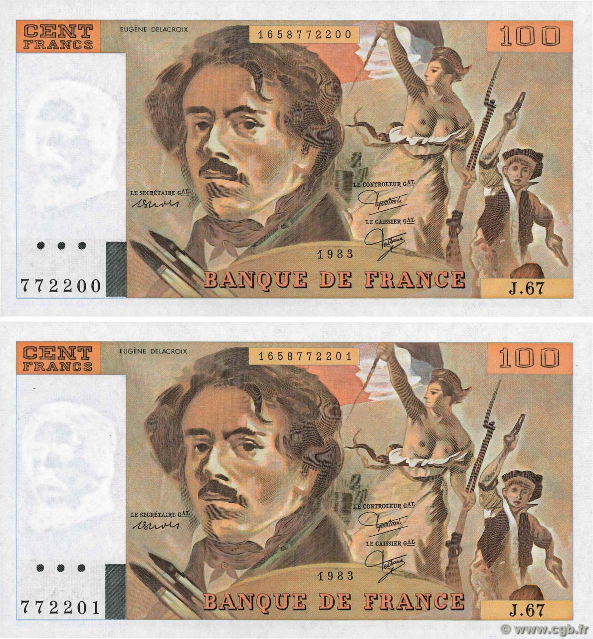 100 Francs DELACROIX modifié Consécutifs FRANCE  1983 F.69.07 UNC