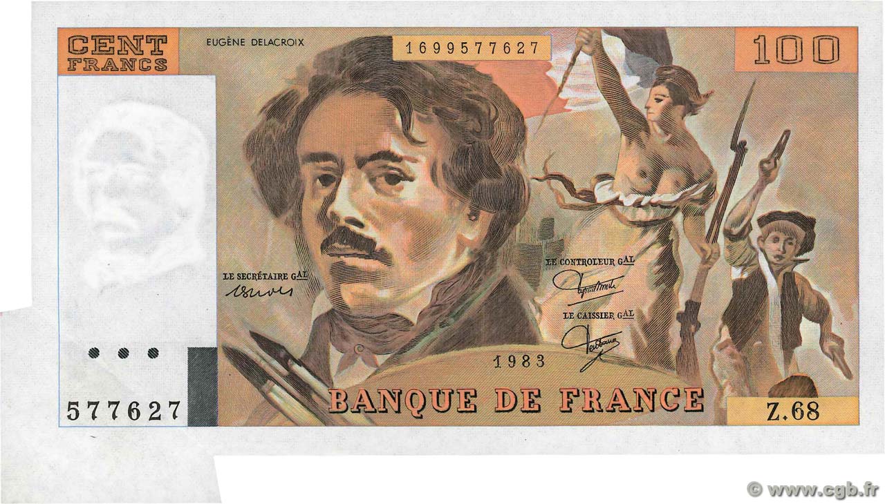 100 Francs DELACROIX modifié Fauté FRANCE  1983 F.69.07 UNC-