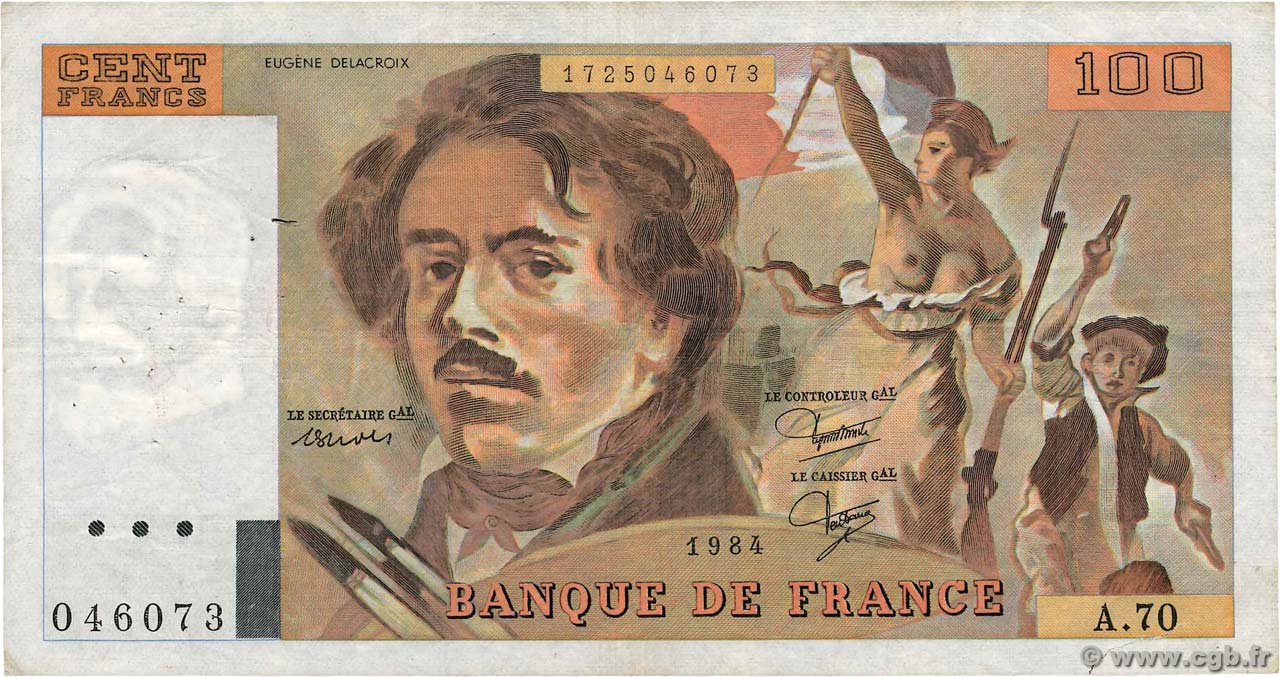 100 Francs DELACROIX modifié FRANCE  1984 F.69.08a pr.TTB