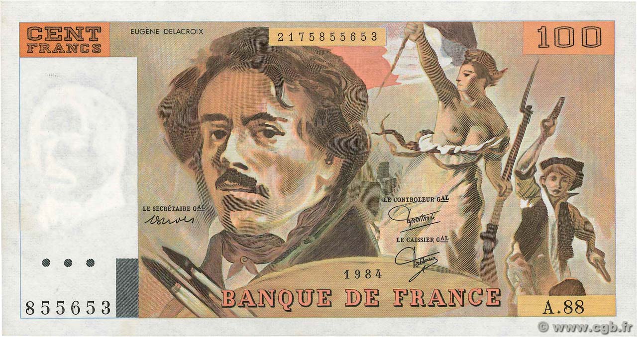 100 Francs DELACROIX  UNIFACE FRANCE  1984 F.69U.08 XF+