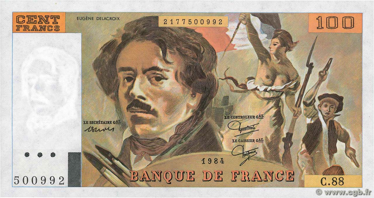 100 Francs DELACROIX modifié FRANCE  1984 F.69.08b NEUF