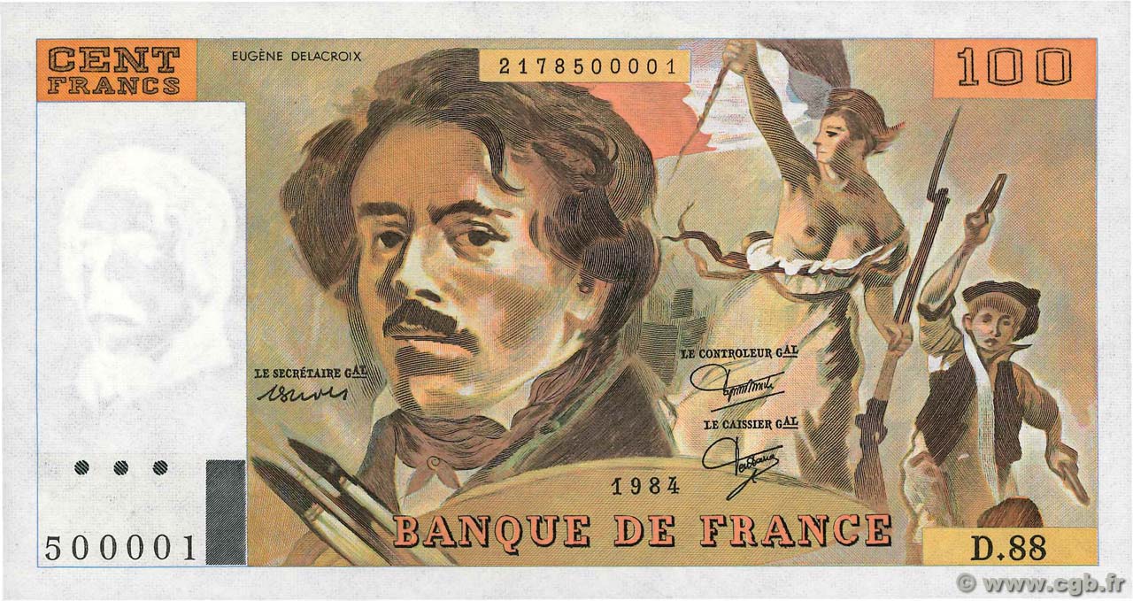 100 Francs DELACROIX modifié Numéro spécial FRANCE  1984 F.69.08b UNC
