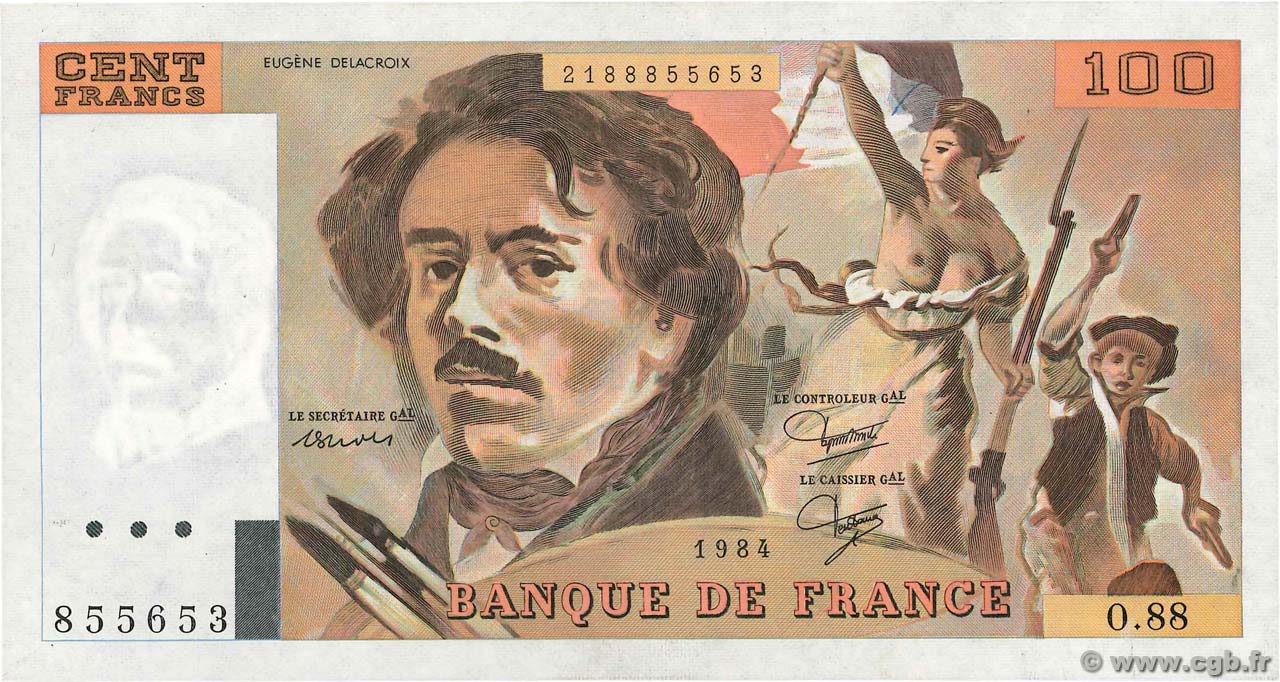 100 Francs DELACROIX  UNIFACE FRANKREICH  1984 F.69U.08 VZ+
