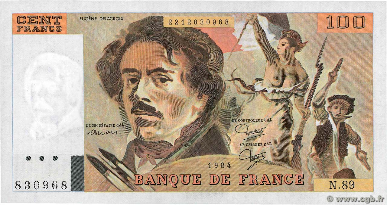100 Francs DELACROIX modifié FRANCIA  1984 F.69.08b FDC