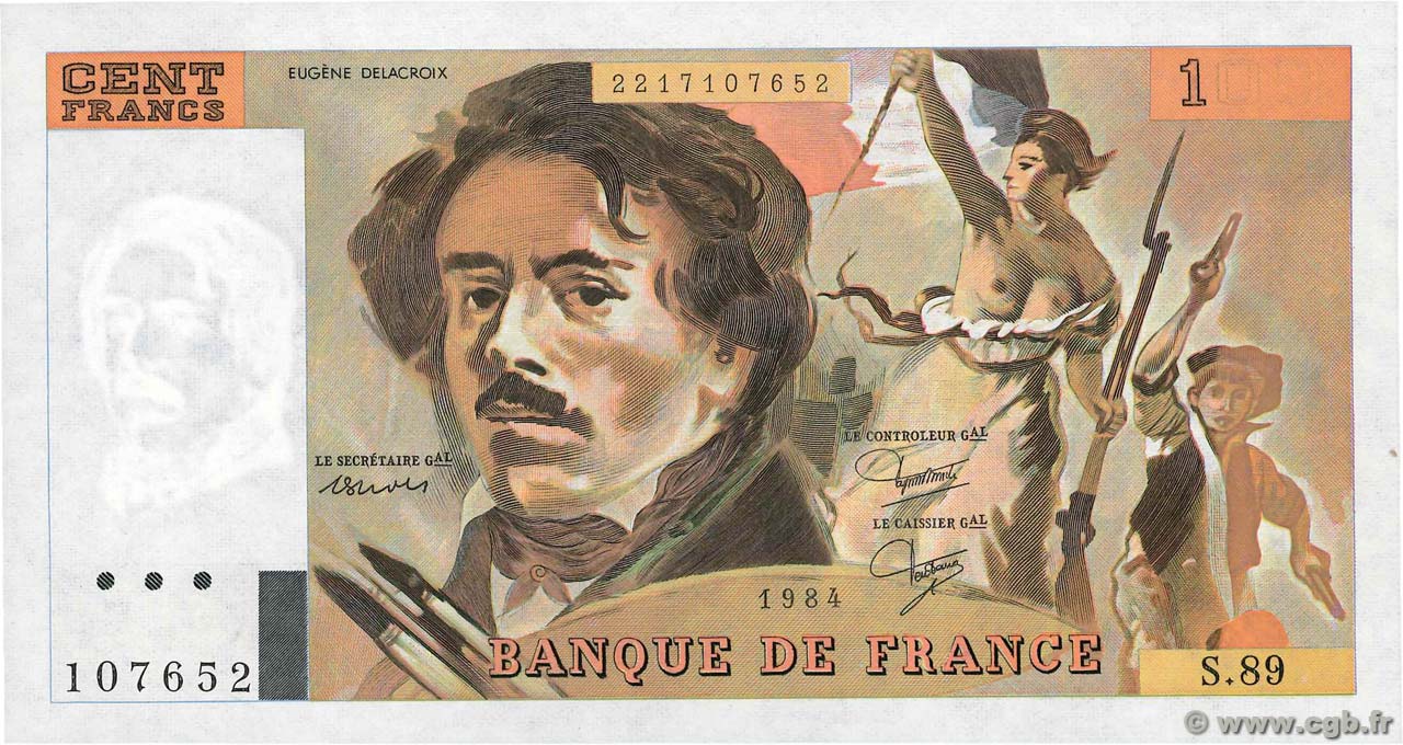 100 Francs DELACROIX modifié Fauté FRANCIA  1984 F.69.08b FDC