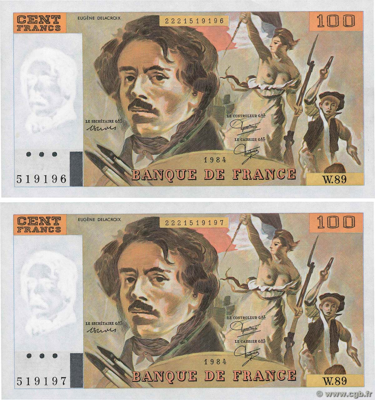 100 Francs DELACROIX modifié Consécutifs FRANCE  1984 F.69.08b SPL