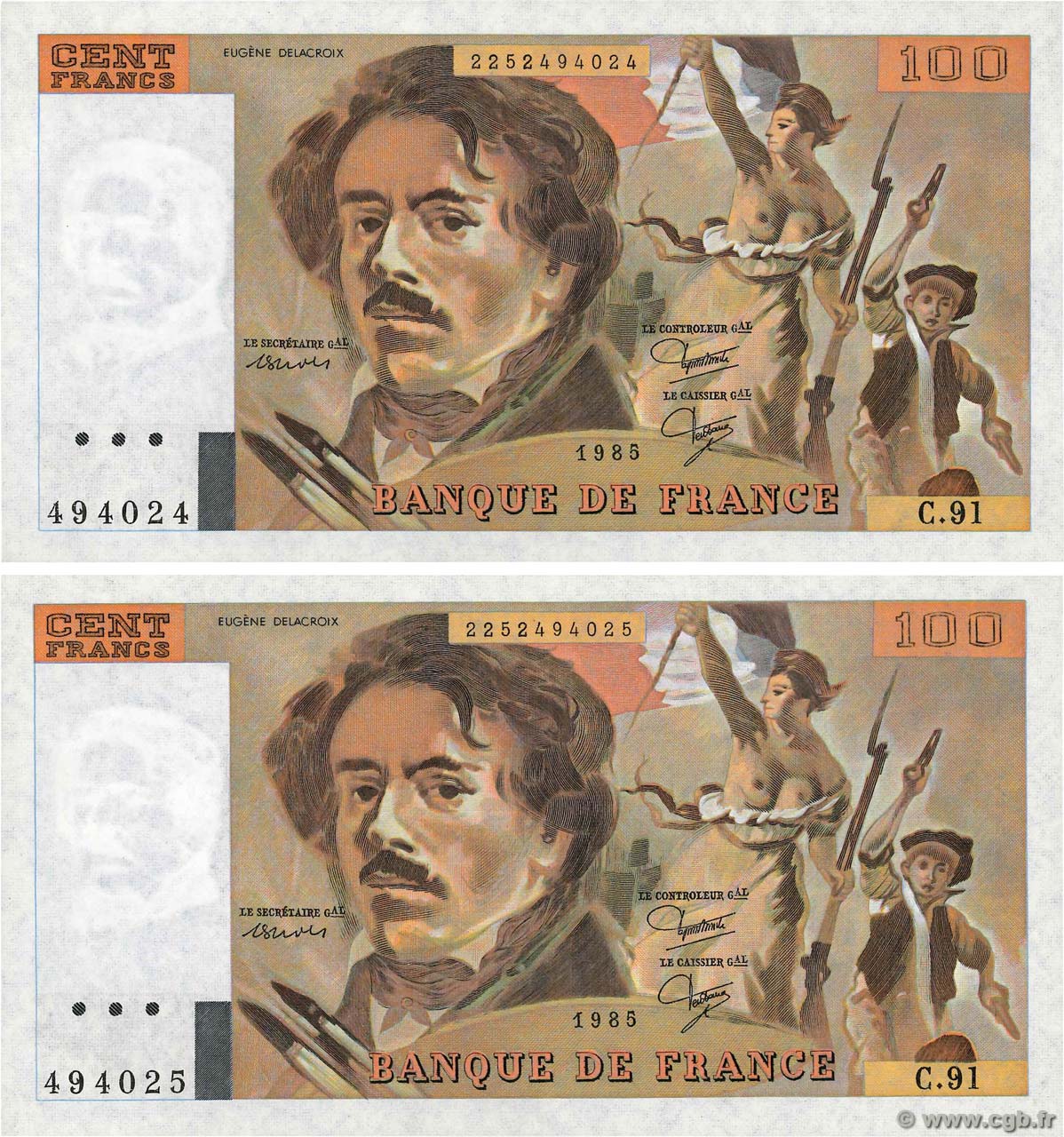 100 Francs DELACROIX modifié Consécutifs FRANCE  1985 F.69.09 UNC-