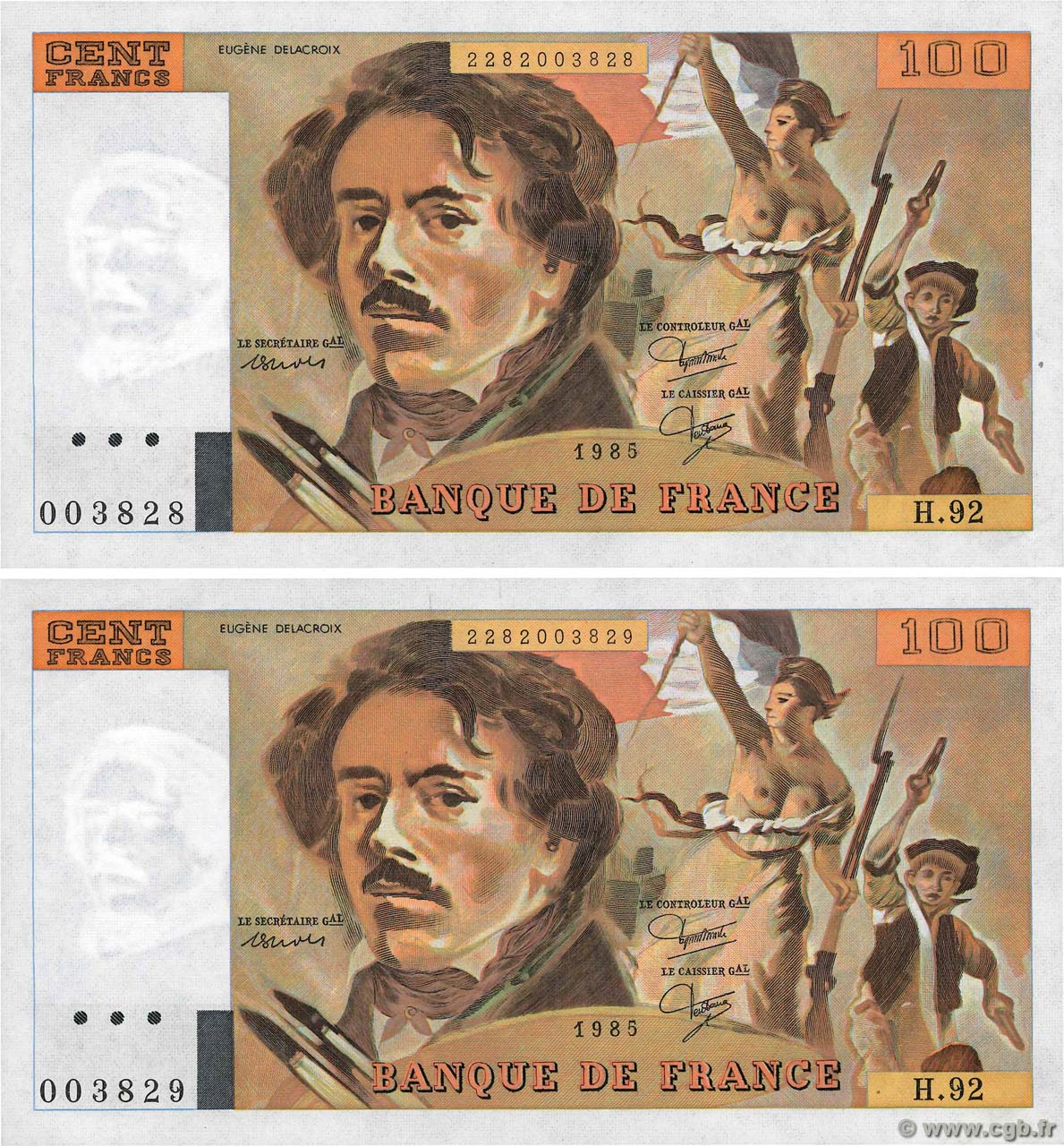 100 Francs DELACROIX modifié Consécutifs FRANCIA  1985 F.69.09 AU+