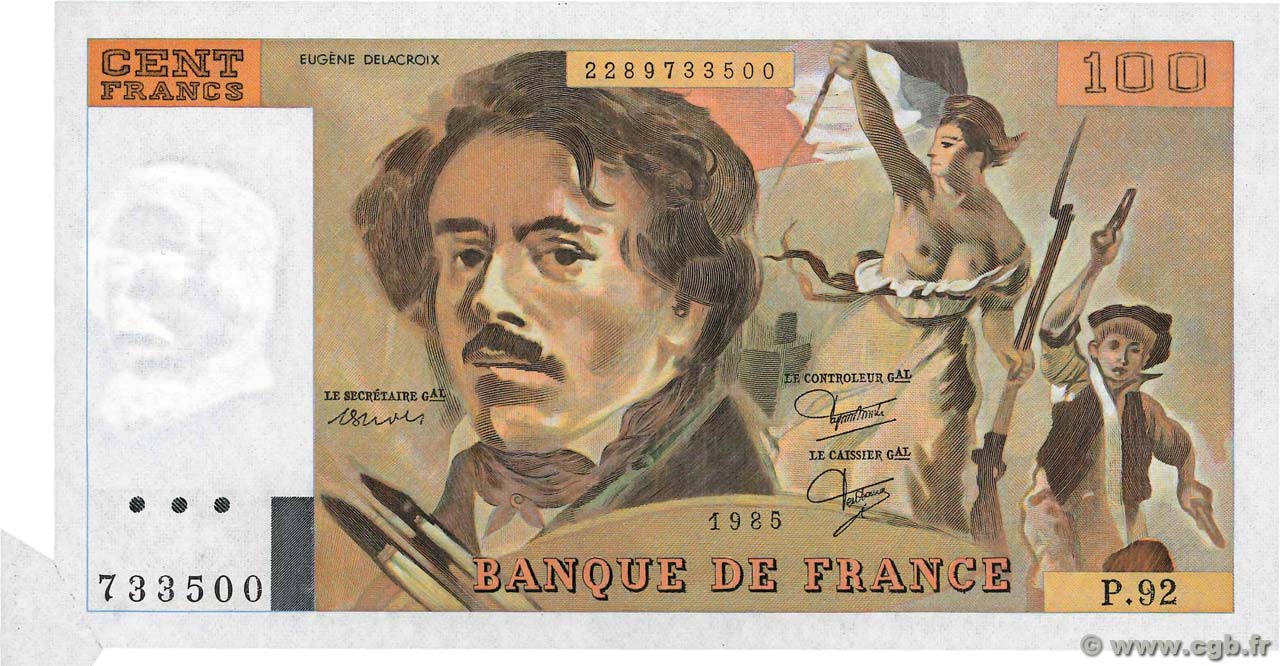 100 Francs DELACROIX modifié Fauté FRANCIA  1985 F.69.09 SC+