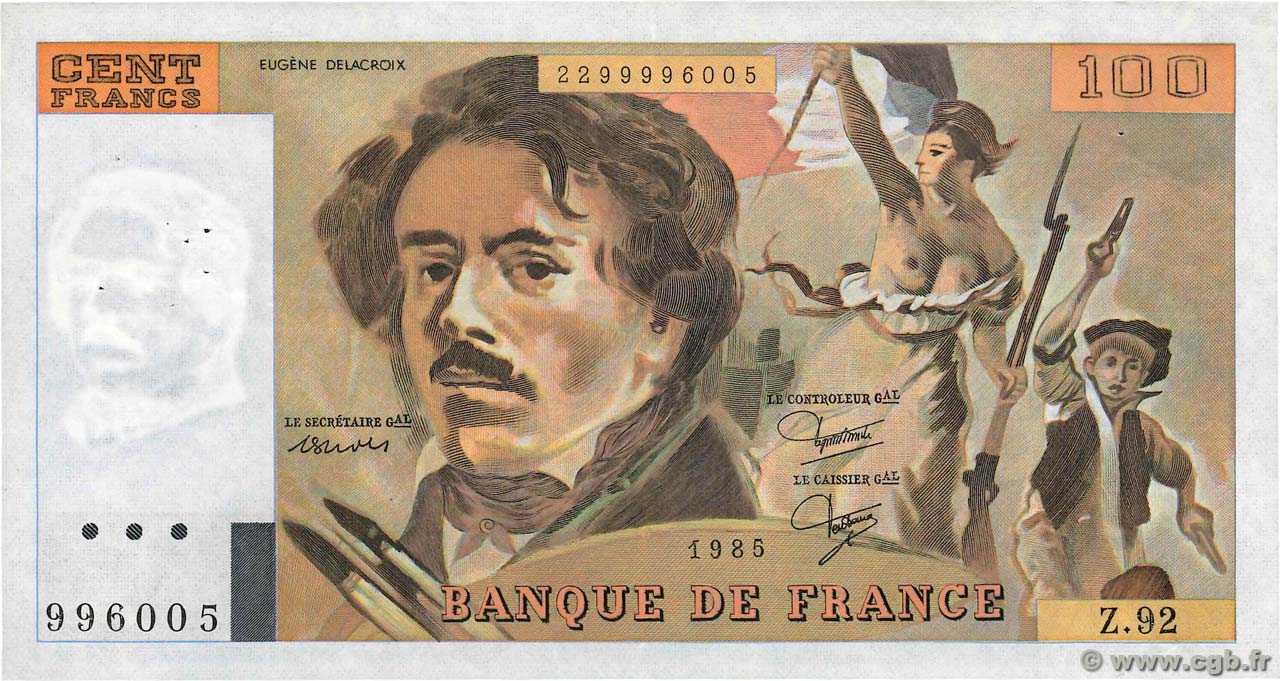 100 Francs DELACROIX modifié FRANCE  1985 F.69.09 TTB+