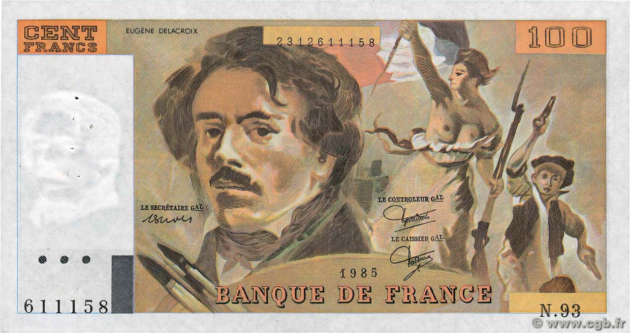 100 Francs DELACROIX modifié Fauté FRANCE  1985 F.69.09 TTB+