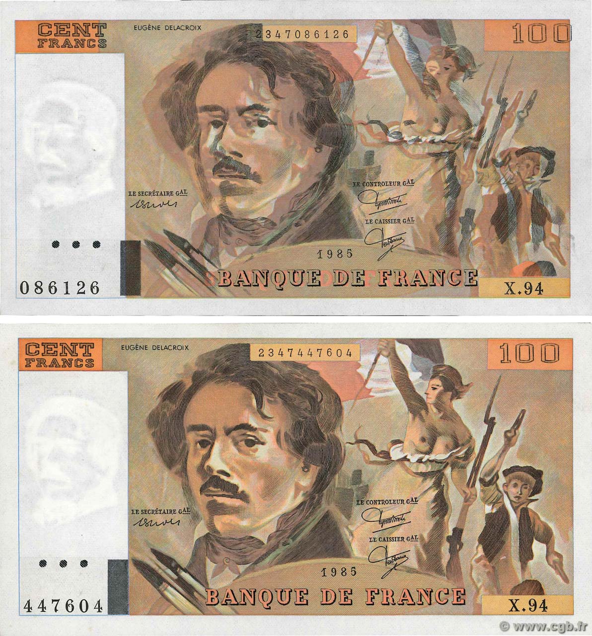 100 Francs DELACROIX modifié Fauté FRANCIA  1985 F.69.09 SPL