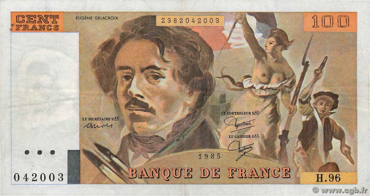 100 Francs DELACROIX  UNIFACE FRANCE  1985 F.69U.09 VF