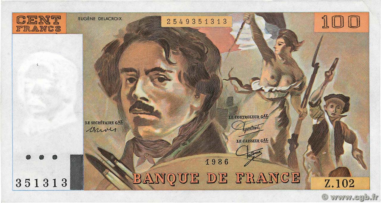 100 Francs DELACROIX modifié FRANCIA  1986 F.69.10 SPL+