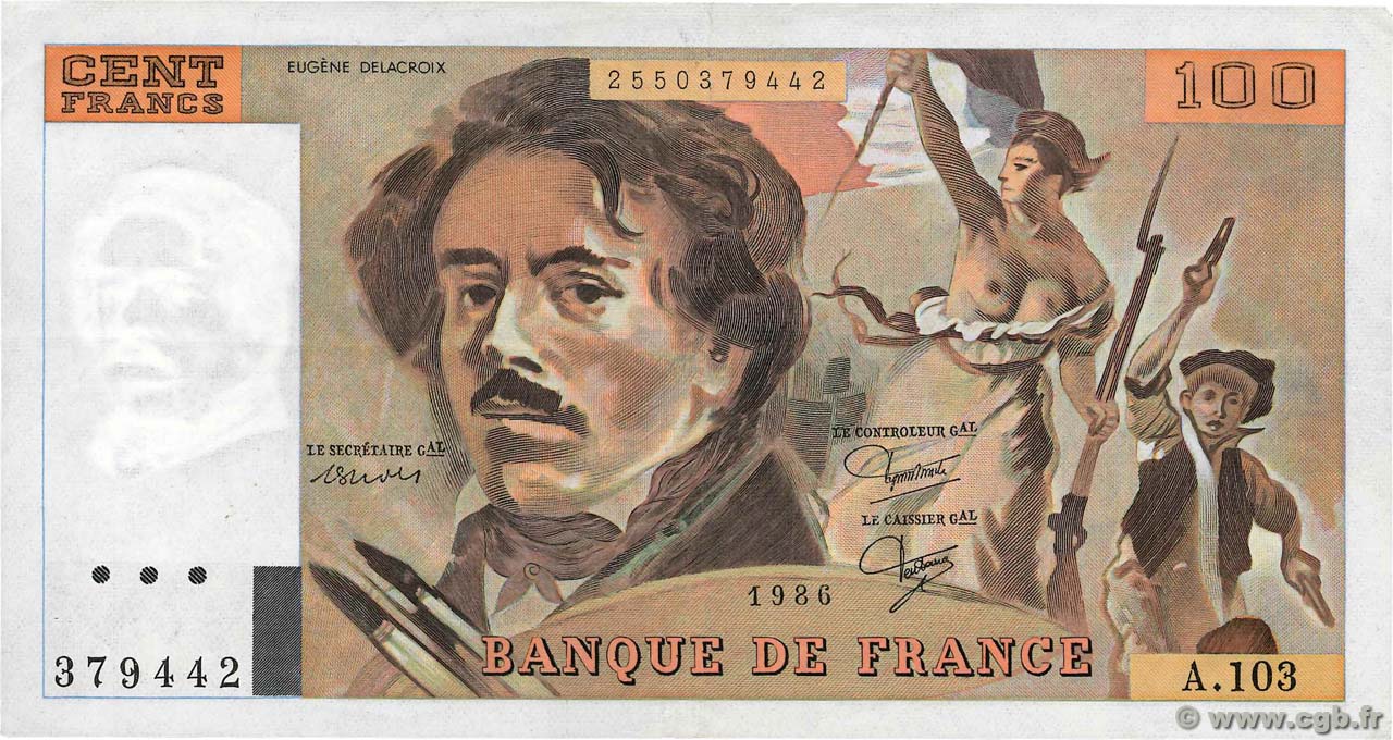 100 Francs DELACROIX modifié FRANCE  1986 F.69.10 TTB+