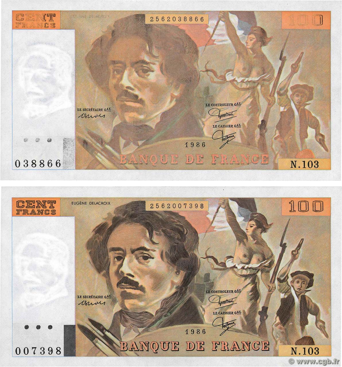 100 Francs DELACROIX modifié Fauté FRANCE  1986 F.69.10 pr.NEUF
